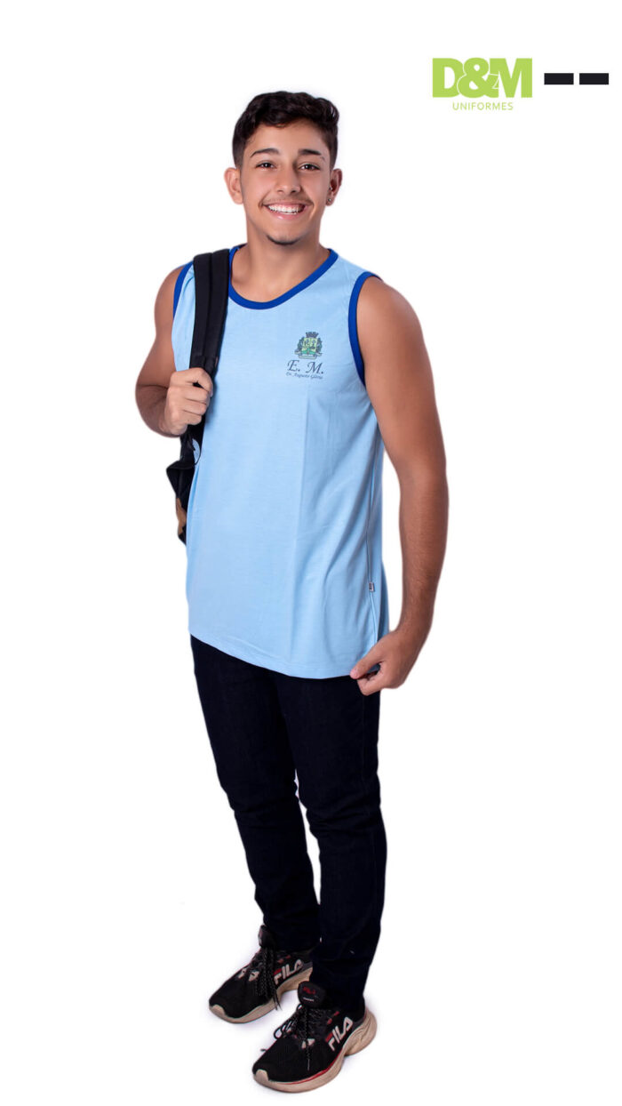Uniforme da escola Dr. Augusto Glória, regata colorida em Rochedo de Minas.