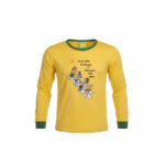 Camisa amarela de manga longa com estampa lúdica para uniforme escolar
