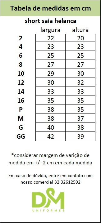Tabela de tamanhos para o uniforme Ursinho Sabido em centímetros.